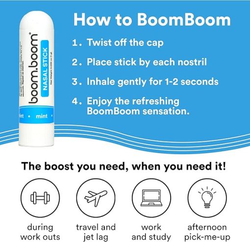 BoomBoom Nasal Stick (4 Pack) | Vapor Flow Technology | Better Breathing + Natural Focus | Cool Refreshing Sensation | Premium Essential Oils + Menthol Inhaler (Mint, Wintermint, Tropical, Lavender) - Image 7