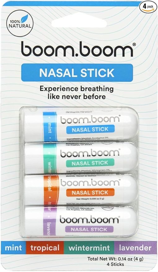 BoomBoom Nasal Stick (4 Pack) | Vapor Flow Technology | Better Breathing + Natural Focus | Cool Refreshing Sensation | Premium Essential Oils + Menthol Inhaler (Mint, Wintermint, Tropical, Lavender)
